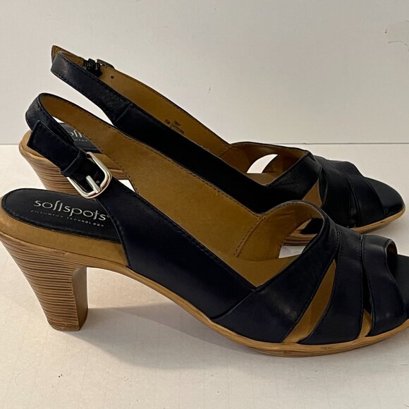 Softspots Strappy Slingback Leather Block Stack Heel Sandals Black Women's 9.5M - Picture 2 of 13
